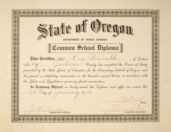 Ora Brumble’s Common School Diploma, 1915